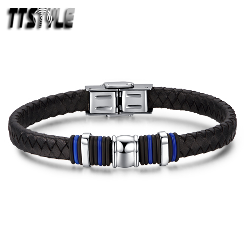 TTstyle Black Genuine Leather 316L Stainless Steel Blue Wristband NEW TTstyle Black Genuine Leather 316L Stainless Steel Blue Wristband NEW