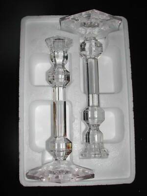 Pair of Crystal Candlesticks, 8-1/2'', Val Saint Lambert, Signed,New in box