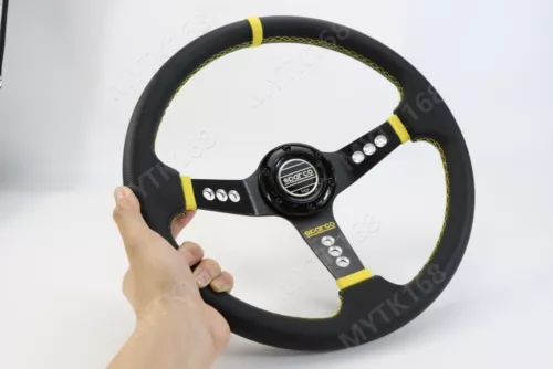 SPARCO LEATHER DEEP DISH STEERING WHEEL 14"INCH UNIVERSAL CAR Yellow COLOUR - Picture 3 of 9