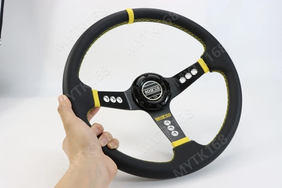 SPARCO LEATHER DEEP DISH STEERING WHEEL 14"INCH UNIVERSAL CAR Yellow COLOUR - Image 2 of 4