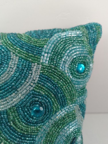 Pier 1 Imports Decorative Small Accent Pillow Teal Blue Beaded Peacock Swirl 11” - Picture 5 of 14