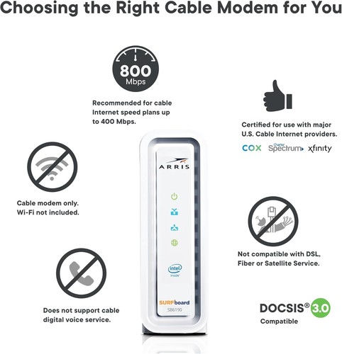 ARRIS (SB6190-RB) - Cable Modem - Fast DOCSIS 3.0 32x8 Gigabit Modem, For... - Picture 5 of 8