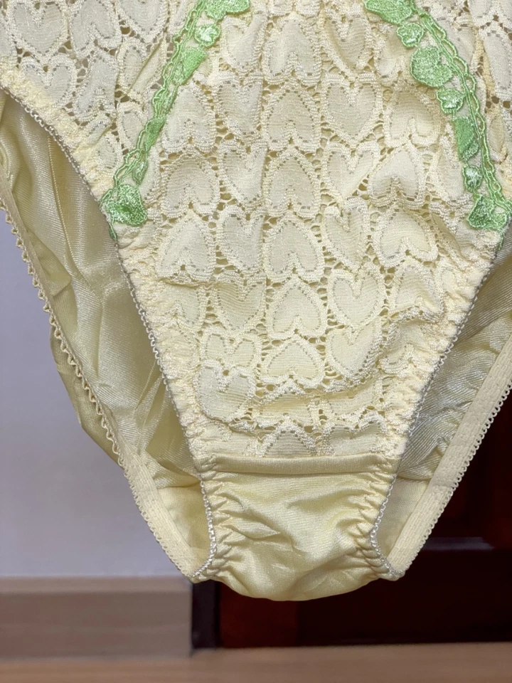 Vintage Slippery Polyester Panty Silky Nylon Heart Lace Sheer Yellow Bikini Sz.5 - Image 4 of 4