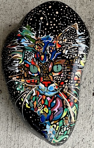 Original Colorful Cat painting ..Painted On a Large Rock - Picture 1 of 11