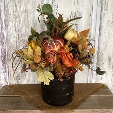 Handcrafted Fall Pumpkin And Floral Arrangement In Primitive Container USA Made