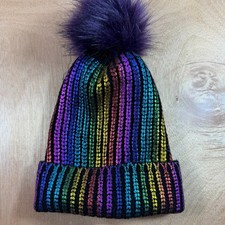 Adrienne Landau Metallic Knit Faux Fur Pom-Pom Navy Beanie Hat O/S Kids