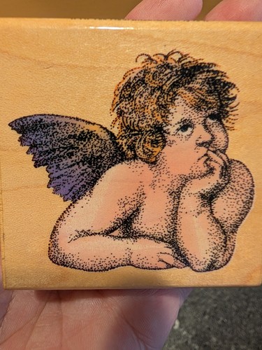 #1823 Angel #1 Vintage 1995 Comotion Wooden Rubber Stamp - Pensive Plump Cherub - Picture 1 of 8