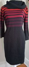 Dressbarn Black Red Striped Knit Sweater Dress Cowl Neck 3/4 Sleeve S Knee