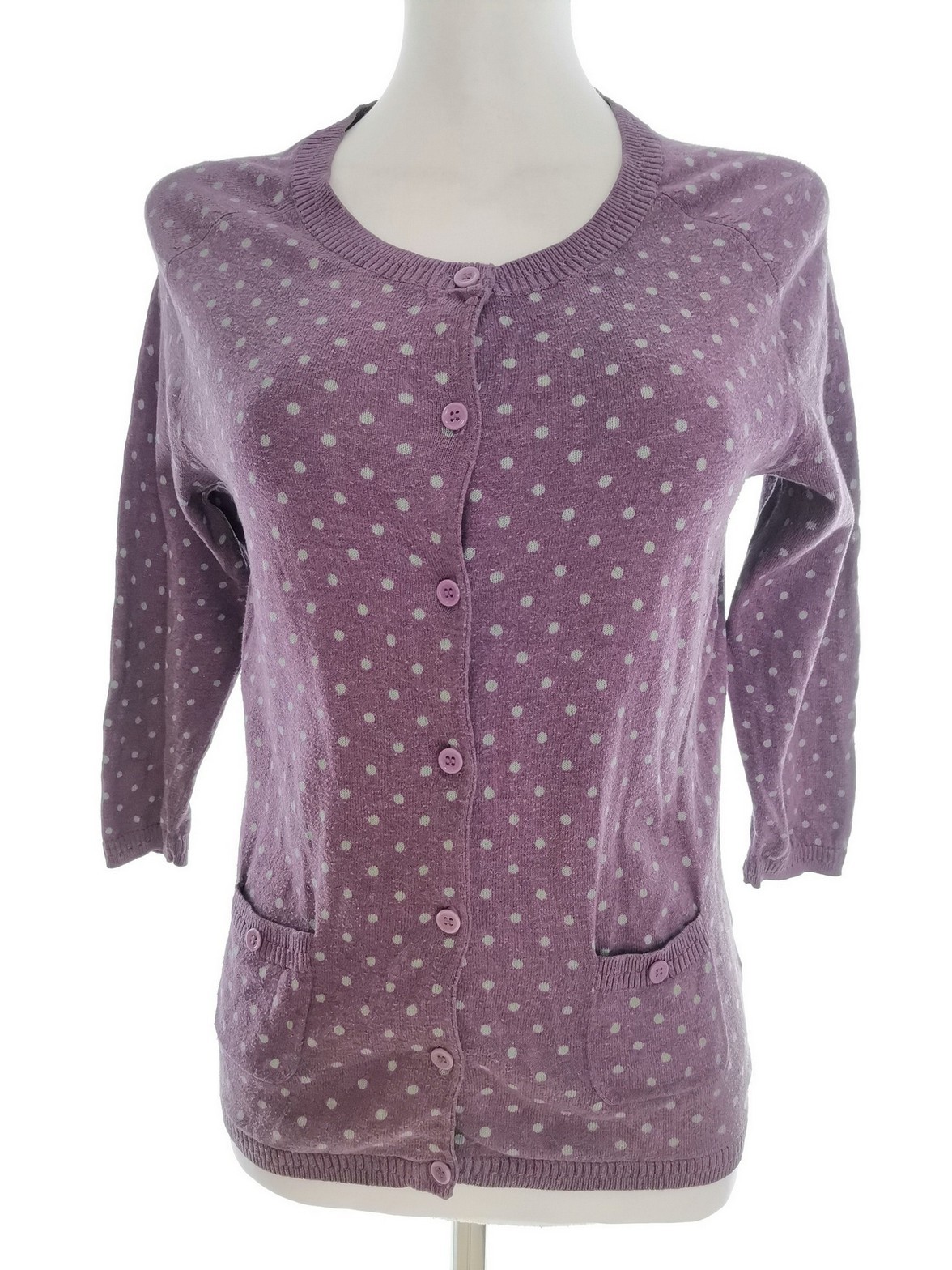 JOHN LEWIS Womens Blouse Buttoned 10/12 (38) Purple Cotton 100percent 3/4 Sleeve Polka