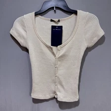 Brandy Melville Zelly Top Button Front Short Sleeve Cropped One Sz Tan Color NWT