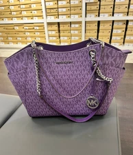 Michael Kors Jet Set Women Large Shoulder Tote MK Logo Chain Bag Dark Purple