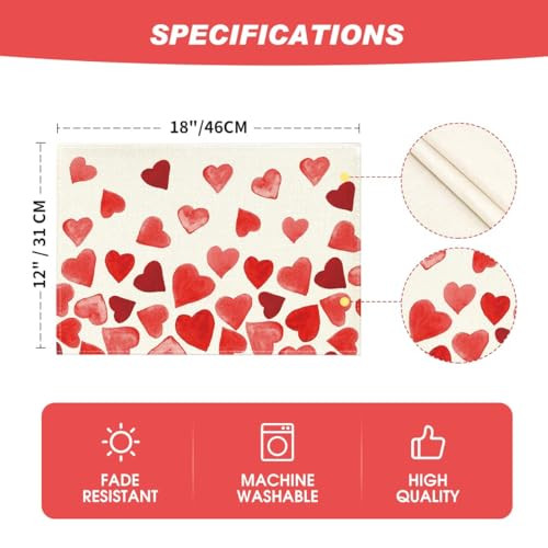 Hearts Love Valentine's Day Placemats Set of Rectangular 4 Pcs, 12" x 18" Red - Imagen 5 de 6