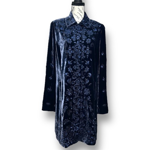 Elie Tahari M Navy Blue Velvet Coat Embroidered Long Jacket Boho Floral Festive