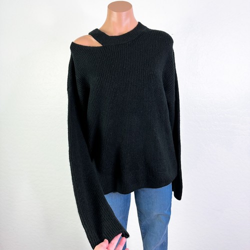 Rails Alexi Cutout Wool Blend Ribbed Knit Crew Neck Sweater Black Medium NWT - Imagen 9 de 9