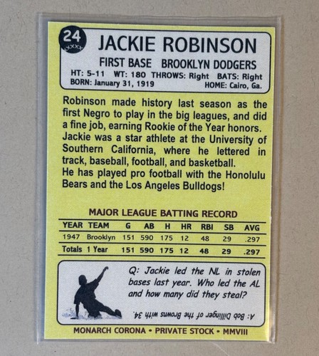 Jackey Robinson 2008 Monarch Corona Private Stock #24 NM+ - Bild 2 von 2