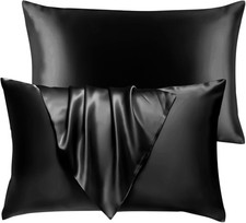 BHZ Satin Goose Down Feather Pillows Queen Size Set Pack of 2 , Black