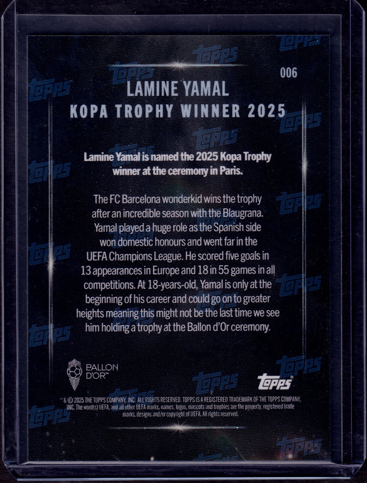 2025 Topps NOW Ballon d'Or Lamine Yamal Kopa Trophy Winner Card #006 World Cup view 2