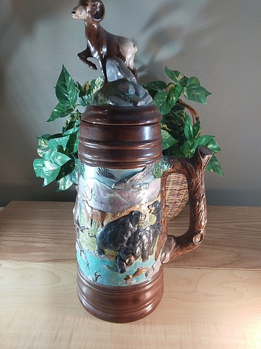 De colección Grande 1977 Tema de Vida Silvestre Hecho a Mano, Piedra Cerámica Pintada a Mano con Tapa/Mango  - Imagen 2 de 22