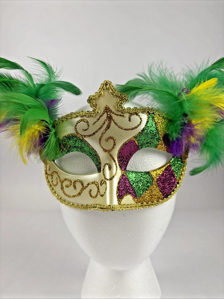 MARDI GRAS Masquerade Venetian Green, Purple, Gold, Jewels & Feather Womens Mask - Image 2 of 4