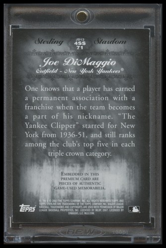 2007 TOPPS STERLING JOE DIMAGGIO DUAL BAT & JERSEY W/ PINSTRIPE #ED /10 SP - Picture 2 of 2