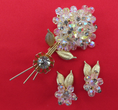 Pendientes broche vintage firmados AB cristal transparente cuentas prendedor conjunto flor dorada 8f - Imagen 4 de 10