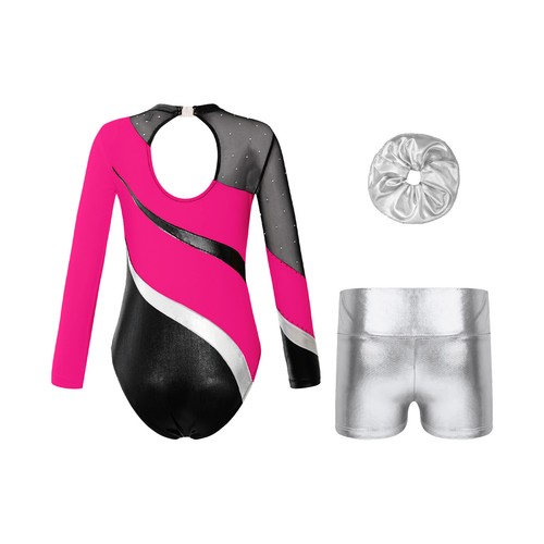 Kids Girls Set Hair Tie Dancewear Skating Outfits High Waist Tracksuit Bodysuit - Picture 11 of 48
