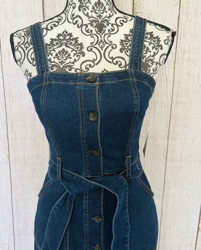 SO Mini abito donna denim senza maniche lavaggio scuro con cintura e bottoni taglia S nuovo con etichette - Foto 2 di 12