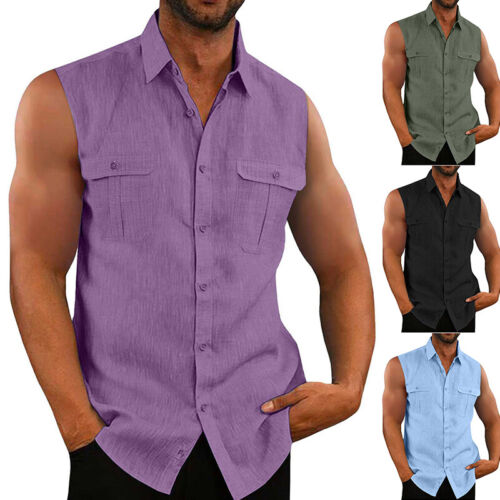 Camiseta sin mangas transpirable con bolsillos en el pecho lisa sin mangas para hombre - Imagen 2 de 20