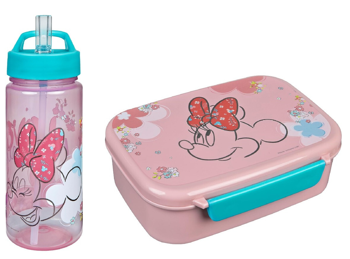 Minnie Mouse Botella con Solapa Hasta Dispensador Y Fiambrera Rosa