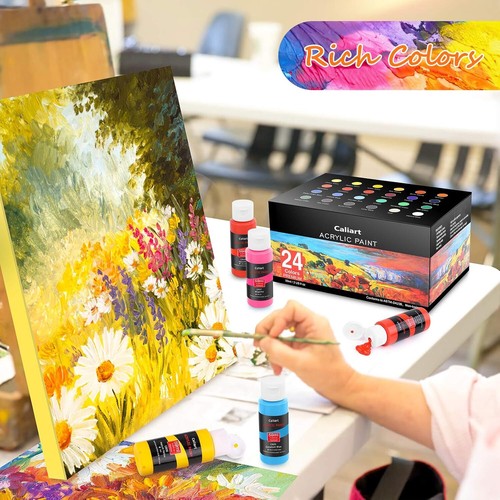 24 Colors Acrylic Paint Set With 12 Brushes, Easter Basket Stuffers for Teens, A - Picture 2 of 8