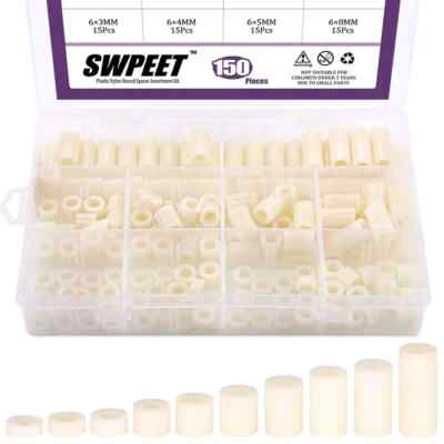 #ad Swpeet 150Pcs Nylon round Spacer Standoff Screw Nut Assortment Kit Nylon PA66 P $14.16