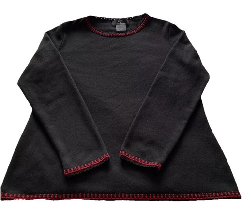 Lennie For Nina Leonard Womens Black Sweater Red Trim Pullover Acrylic
