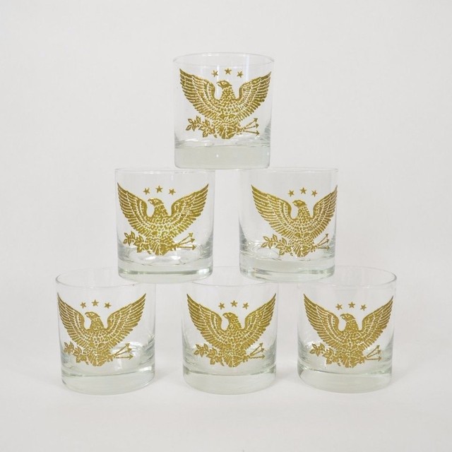 SET OF 6 Vintage Embossed Gold American EAGLE & STAR Old Fashioned Rocks GLASSES eBay