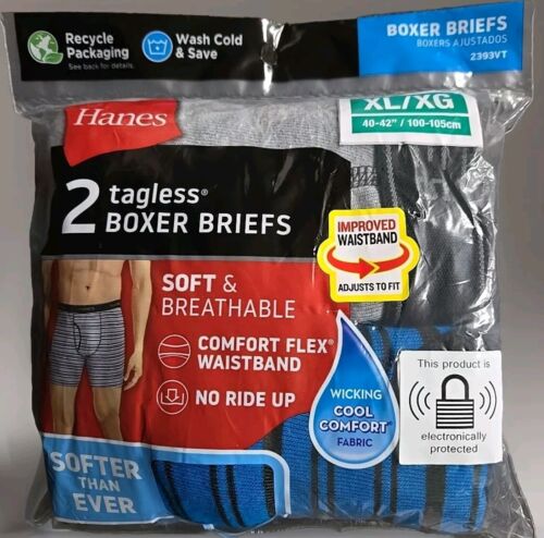 2 Pairs Hanes Boxer Briefs Men's Size XL Tagless Comfort Flex Blue Stripe & Gray