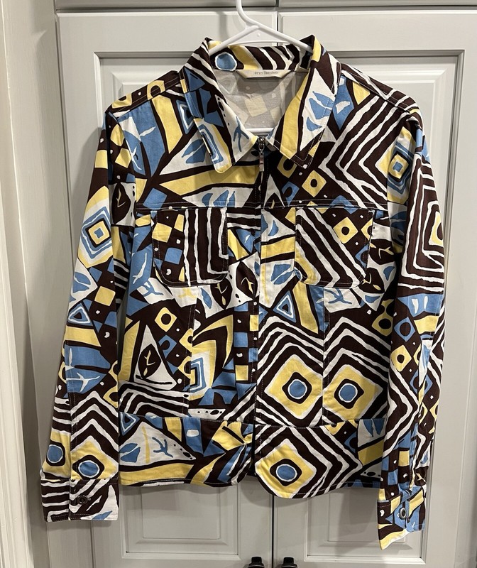 VTG Erin London Mod Retro Short Cotton Jacket Yellow Brown & Blue Full Zip  Sz S