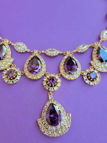 Ciner Necklace Earrings Set Purple Amethyst in Gold Drop Princess Old Hollywood - Picture 5 of 8