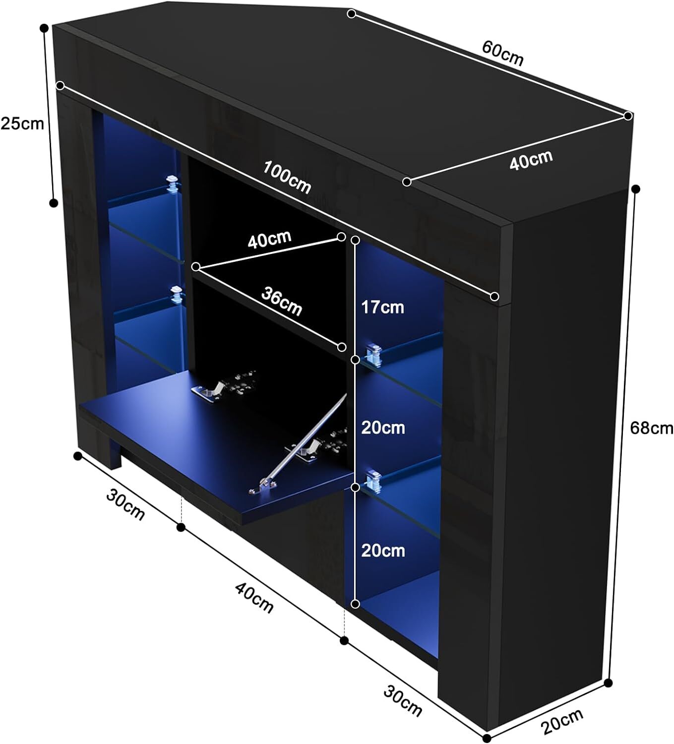 TV Eckschrank Eckkommode Lowboard mit LED Beleuchtung Fernsehrisch 100x 68x 40cm