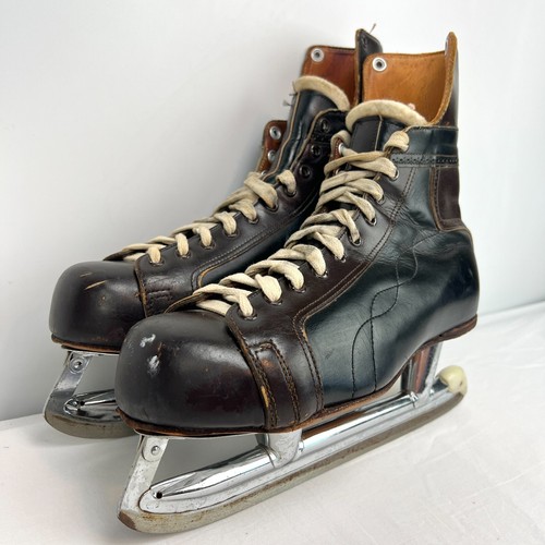 Vintage Mens Leather Two-Tone Ice Hockey Skates CCM Size 9-1/2 Black & Brown - Picture 3 of 24