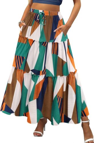 Bohemian Long Maxi Skirt, High Waist Elastic, Flowy Hem, Ankle Length, Printed - Picture 91 of 153