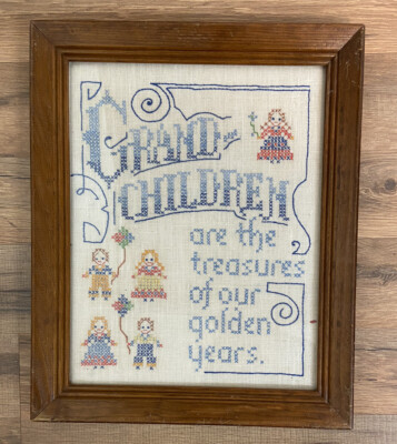 Vintage Cross Stitch Sampler Framed 16 x13  Grandchildren are Treasures