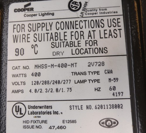 NUEVO COOPER LIGHTING MHSS-M-400-MT LÁMPARA 400W 277V 4.8A60HZ - Imagen 7 de 8