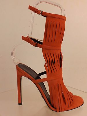 NIB GUCCI DARK ORANGE SUEDE FRINGE BECKY GLADIATOR HEEL TALL