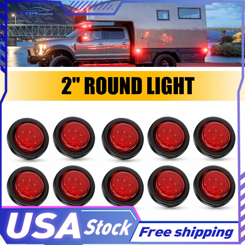 2Inch 10PCS DOT Red Round Trailer 9LED Marker w/ Lights Grommet for Truck RV Bus