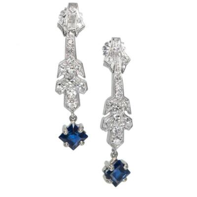 1920-1930 Art Deco Look Fine Square Shape Sapphire With Clear CZ Wedding Earring