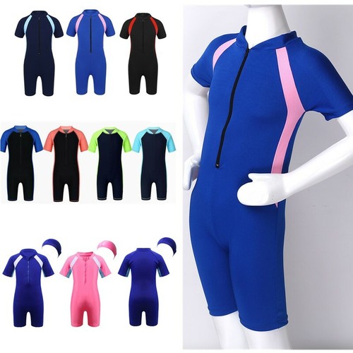 Kids Girls One Piece Short Sleeves Rash Guard Shorty Unitard Swimsuits Beachwear - Picture 1 of 82