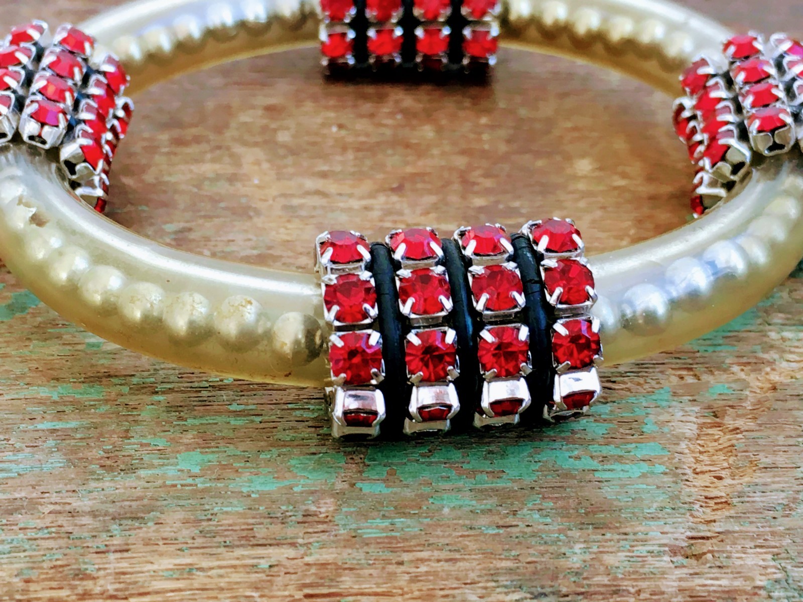 Vintage Industrial Red Rhinestone Bracelet Plasti… - image 2