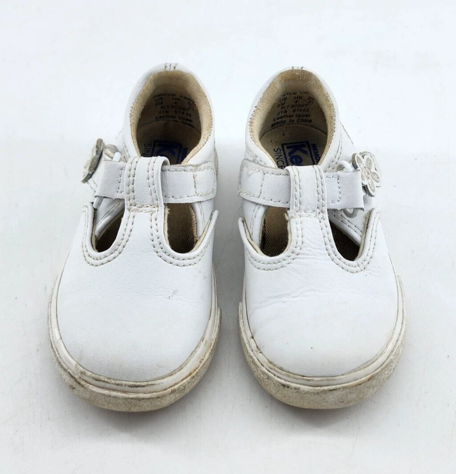Zapatos con correa en T Mary Jane Keds para niñas Daphne gancho lazo cuero blanco niño pequeño talla 5 Foto 2 de 4