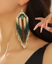 Long Seed Beads Beaded Earrings Handmade Native American Drop Dangle Style