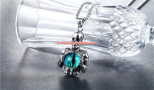 Men's Stainless Steel Cat's Eye Gemstone Skull Pendant Chains Necklace J646 - Picture 9 of 11