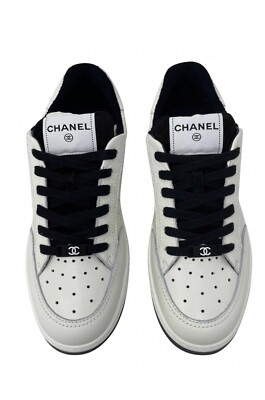 Chanel Grained Calfskin Fabric Womens Logo Sneakers 39 White